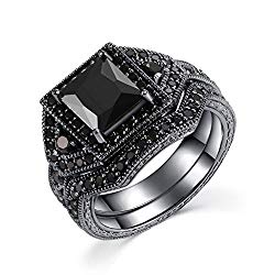 Castillna Black Sterling Silver Princess Cut Created Black Sapphire Wedding Engagement Bridal Rings Set