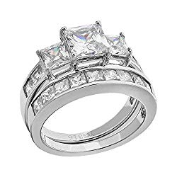 FlameReflection Stainless Steel Princess Cut Wedding Ring Sets for Women CZ Bridal Jewelry Size 5-10 SPJ