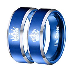 Her King His Queen Rings Blue Couples Stainless Steel Ring, Engagement Wedding Band Anniversary