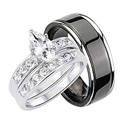 His and Hers Wedding Rings Set Sterling Silver Titanium Matching Bands for Him and Her