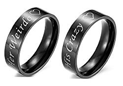 His Crazy/Her Weirdo Heart Ring Black Stainless Steel Engagement Wedding Band for Women Men Couple Valentine Day Gifts