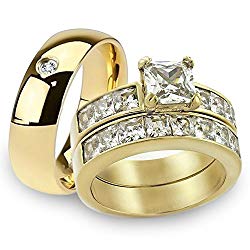 His & Her 14K G.P. Stainless Steel 3pc Wedding Engagement Ring & Men’s Band Set