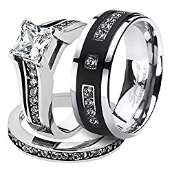 His & Her Stainless Steel 2.10 Ct Cz Bridal Set & Men’s Titanium Wedding Band