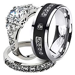 His & Her Stainless Steel 2.50 Ct Cz Bridal Set & Men’s Titanium Wedding Band