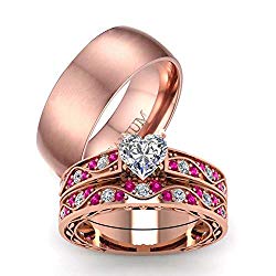 LOVERSRING Couple Ring Bridal Set His Hers 10k Women Rose Gold Filled Heart Cut CZ Men Titanium Wedding Ring Band Set