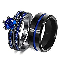 LOVERSRING Couple Ring Bridal Set His Hers Black Gold Plated Blue Agate Stainless Steel Wedding Ring Band