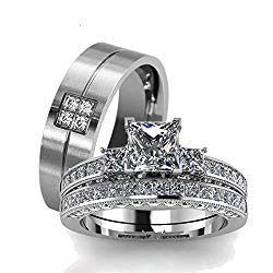 LOVERSRING Couple Ring Bridal Set His Hers White Gold Plated CZ Stainless Steel Wedding Ring Band Set