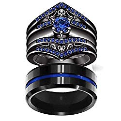 LOVERSRING Couple Ring Bridal Set His Hers Women Black Gold Filled Blue Agate Men Tungsten Carbide Wedding Ring