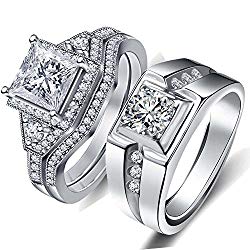 LOVERSRING Couple Ring Bridal Sets His Hers 10k White Gold Plated White AAA Cz Wedding Engagement Ring Band Set