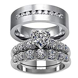 LOVERSRING Couple Ring Bridal Sets His Hers Women White Gold Plated CZ Men Stainless Steel Wedding Ring Band Set