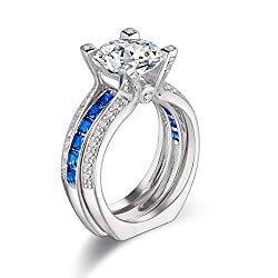 Newshe Wedding Band Engagement Ring Sets For Women 925 Sterling Silver Round Blue White Cz Size 5-12