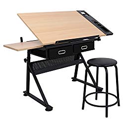 Smartxchoices 34 in Tiltable Drafting Desk Set Art Drawing Desk Height Adjustable Tabletop Writing Desk or Workstation w/ 3 Drawers and a Stool for Office and Home