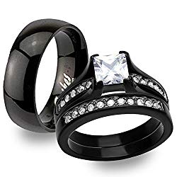 Stainless Steel Black Ion Plated His & Hers 3pc Wedding Engagement Ring Band Set