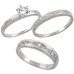Sterling Silver 3-Piece His 4.5 mm & Hers 3 mm Trio Wedding Ring Set CZ Stones Rhodium Finish, Ladies sizes 5 – 10, Mens sizes 8 – 14