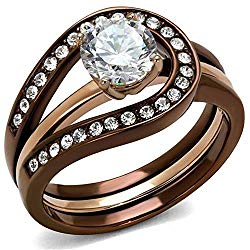 Womens 1Ct Cubic Zirconia Rose & Brown Stainless Steel 2 Piece Wedding Ring Set