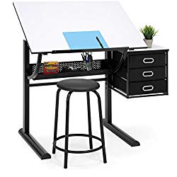 Best Choice Products Drawing Drafting Craft Art Table Folding Adjustable Desk w/Stool – Black/White