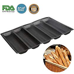Silicone Baguette Pan – Non-stick Perforated Fench Bread Pan Forms , Hot Dog Molds , Baking Liners Mat Bread Mould (5 Loaf, Black)