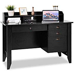 TANGKULA Computer Desk Home Office Wood Frame Vintage Style Studyroom Student Table with Drawers Bookshelf PC Laptop Notebook Desk Spacious Workstation Writing Study Table (Black)