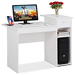 Topeakmart White Student Computer Desk with Drawer and Shelf Home Office Laptop Table Study Workstation Furniture Wood Heavy Duty