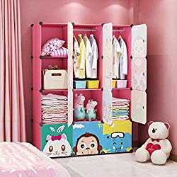 MAGINELS Magicial Panels Kids Dresser Portable Closet Wardrobe Children Bedroom Armoire Clothes Hanging Storage Rack Cube Organizer, Large & Study, Pink, 8 Cubes & 2 Hanging Sections