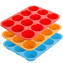 12-Cup Silicone Muffin & Cupcake Baking Pan, YuCool 3 Pack Silicone Molds for Muffin Tins, Cakes, Non-stick Mould (Orange, Red, Blue)