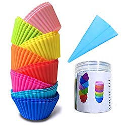 Lasten Silicone Cupcake Liners with Pastry Bag and Storage Tank as Bonuses , Reusable & Non-stick Baking Cups , standard Muffin Cups Chocolate Holders Truffle Cups (24 pcs /8 colors)