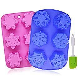 YuCool 6-Cavity Snowflakes Silicone Cake Mold, 2 Pack Non-Stick Christmas Baking Tray with Silicone Scraper, DIY Muffin Chocolate Ice Cubes Soap, Oven-Microwave-Freezer-Dishwasher Safe