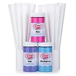 Cotton Candy Express Fun Pack | Kit Features Cherry, Blue Raspberry & Grape Floss Sugars (11 oz Each) & 50 Paper Cones | Best Cotton Candy Maker Supplies | For Home or Commercial Use