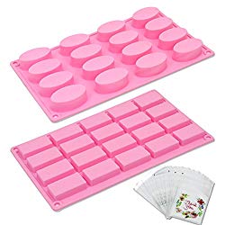 Tomnk 20 Cavity Rectangle (2″x1″) and 16 Cavity Oval (2″x1″) Silicone Mold for Soap Candy Chocolate Cake with Sealed Bags of Decorative Design (pink) (2 pack) (2 pack)