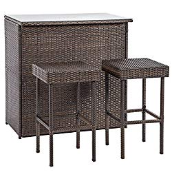 BestMassage Outdoor Wicker Bar Chair Set 3PC Patio Furniture Glass Bar and Two Stools