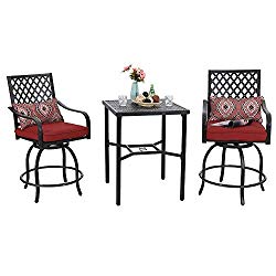 PHI VILLA Outdoor Extra Wide Height Swivel Bar Stools Arms Chairs and Table Set 3