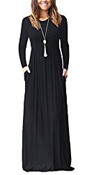 AUSELILY Women’s Round Neck Casual Loose Maxi Long Dresses with Long Sleeve (M, Black)