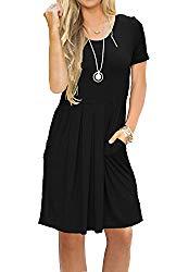 AUSELILY Women’s Short Sleeve Pleated Loose Swing Casual Dress with Pockets Black XL