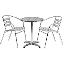 Flash Furniture 23.5” Round Aluminum Indoor-Outdoor Table Set with 2 Slat Back Chairs