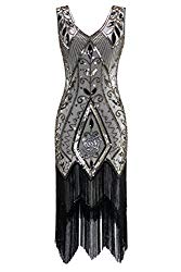 Metme Women’s 1920s Vintage Flapper Fringe Beaded Great Gatsby Party Dress, Champagne, Large