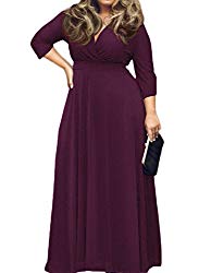 POSESHE Women’s Solid V-Neck 3/4 Sleeve Plus Size Evening Party Maxi Dress (2XL, 01 Purple)
