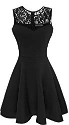Sylvestidoso Women’s A-Line Sleeveless Pleated Little Black Cocktail Party Dress with Floral Lace (M, Black)