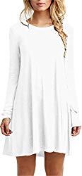 TINYHI Simple Plain Long Flowy Sleeve Flowy Dress(White,Medium)