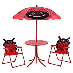Cotzon Kids Table and 2 Chairs Set, Ladybug Folding Set with Removable Umbrella for Indoor Outdoor Garden Patio