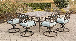 Hanover TRAD9PCSWSQ8-BLU 9 Piece Traditions Square Dining Set 8 Swivel Chairs Large 60″ x 60″ Table Outdoor Furniture, Blue