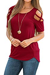Adreamly Women’s Casual Summer Short Sleeve Loose Strappy Cold Shoulder Tops Basic T Shirts Blouses Burgundy Medium
