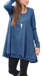 Floral Find Women Long Sleeve Blouse Layered Scoop Neck Tunic Loose Fit Dress (Medium, Blue)