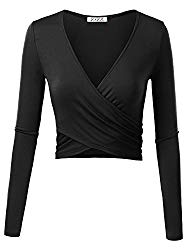 KIRA Women’s Deep V Neck Long Sleeve Unique Cross Wrap Slim Fit Crop Tops Medium Black