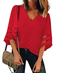 Lookbook Store Women’s Red V Neck Casual Mesh Panel Blouse 3/4 Bell Sleeve Solid Color Loose Top Shirt Size XL(US 16-18)