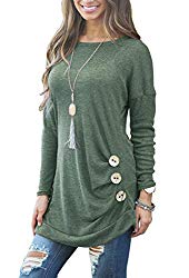 Muhadrs Women’s Fashion Long Sleeve Round Neck Solid Loose Tops Green S