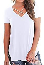 Niashot Women’s Casual Short Sleeve Solid V-Neck T-Shirt Tops White M