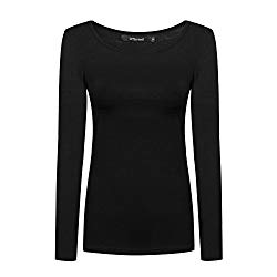 OThread & Co. Women’s Long Sleeves T-Shirt Scoop Neck Plain Basic Spandex Tee (Medium, Black)