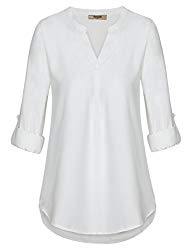 Timeson Blouse for Work,White Blouses, Women’s Casual Chiffon V Neck Cuffed Sleeve Blouse Tops (Medium, White)