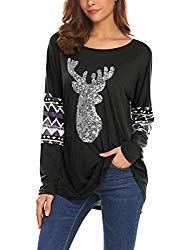 Womens Casual Long Sleeve Christmas Reindeer Sequin T Shirt Blouse Tops by Qearal (XXL, Black)