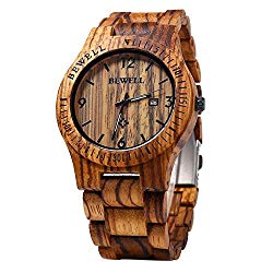 Bewell W086B Mens Wooden Watch Analog Quartz Lightweight Handmade Wood Wrist Watch